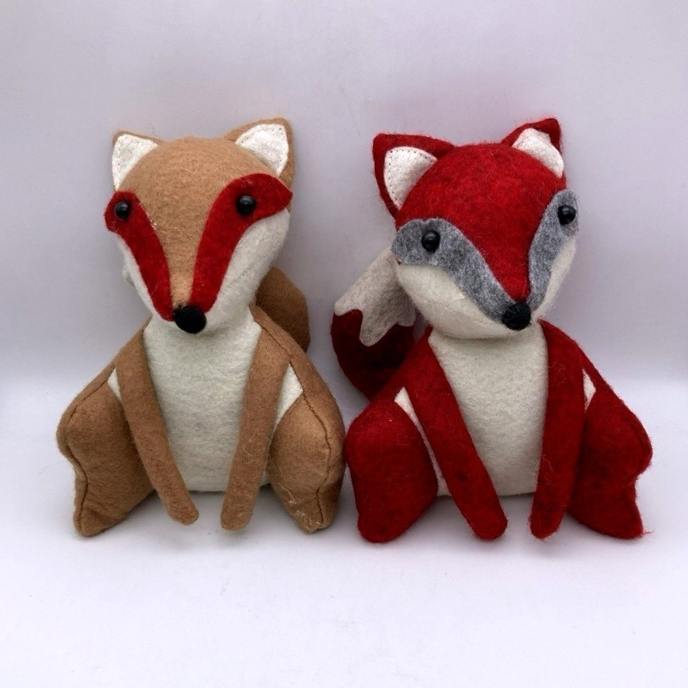 Set Of 2 Felted Weighted Plush Woodland Foxes 6" Red Tan Holiday Rustic